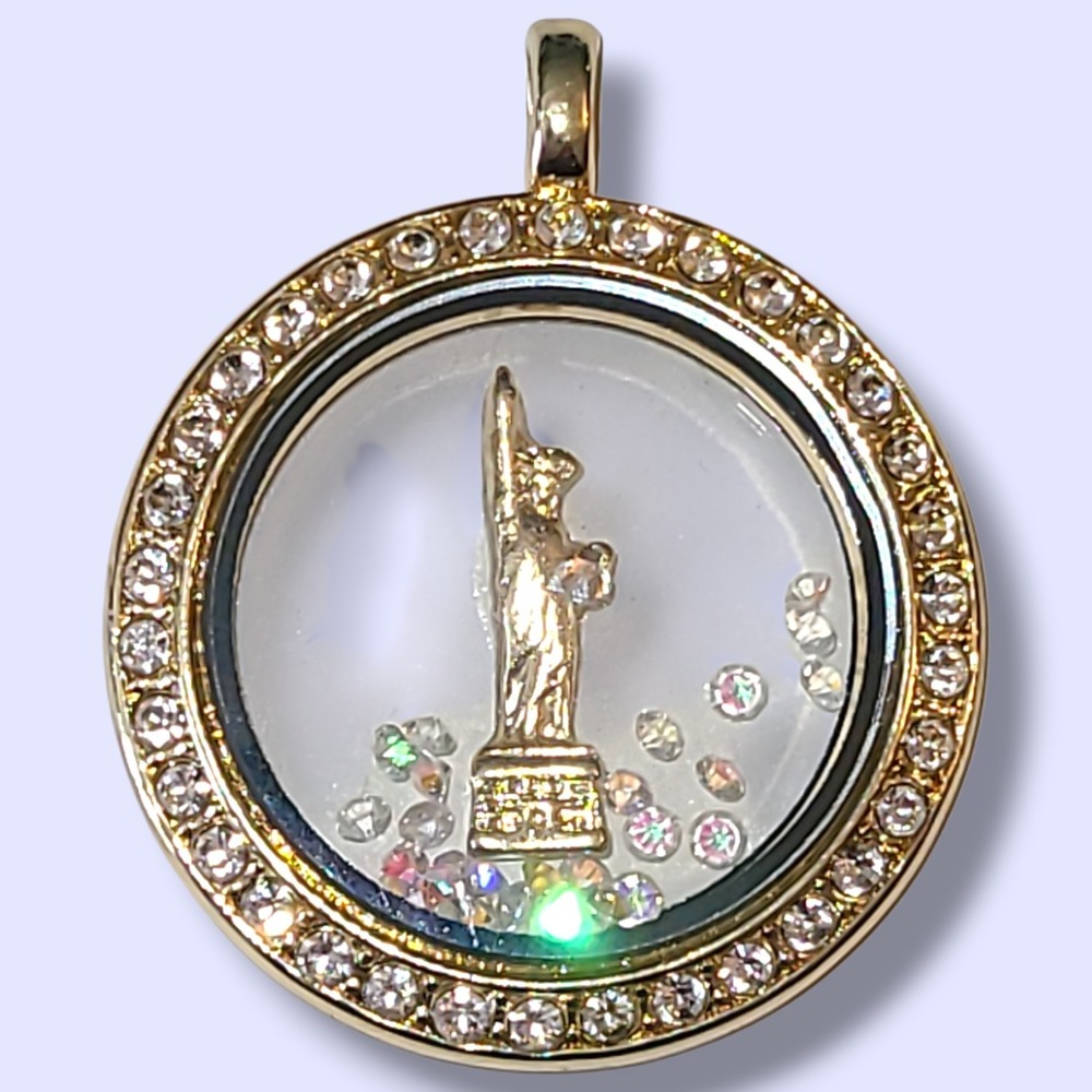 Statue of Liberty Floating Crystal Pendant Rhinestone Gold Tone Charm